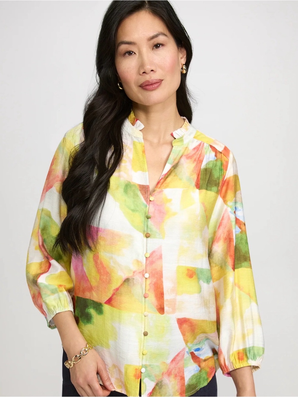 Watercolor Patchwork Button-Front Blouse in Multi-Color